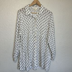Style Co Top Women 1X White Blouse Ethnic Print Button Front Gauzed Relaxed Boho